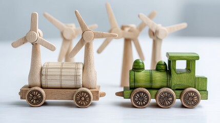 Concept of Sustainable Transport with Toy Train and Wind Turbines in Europe Focus