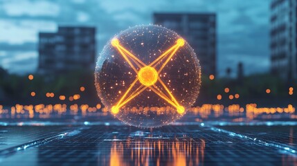 Vibrant Cityscape Showcasing Abstract Luminescent Sphere Symbolizing Futuristic Technology Hub