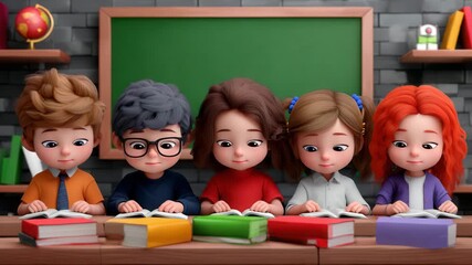 Diverse group of children engaged in reading books at school desk - Powered by Adobe