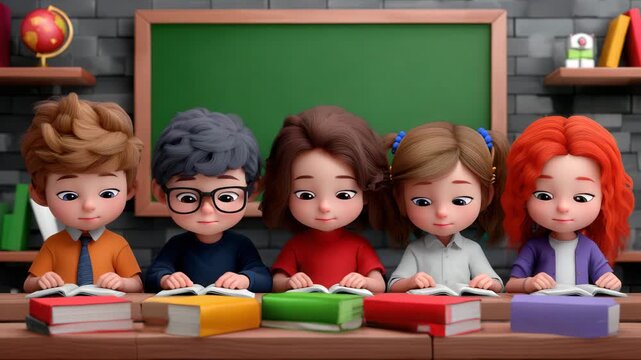 Diverse group of children engaged in reading books at school desk