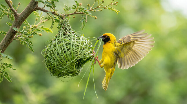 A vibrant yellow weaver bird building its intricate nest among green foliage