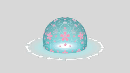 ガラスドームの桜模様と円形のリサイクル矢印、環境に優しい自然コンセプトのベクターイラスト