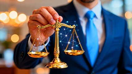Man in a suit holds a golden scale of justice with a digital overlay symbolizing balance and fairness in the legal profession.