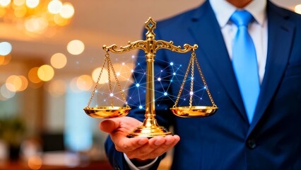 Businessman in blue suit holding a golden scale of justice with glowing networks symbolizing balance and fairness in a professional setting.