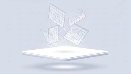 グリッドテクスチャを備えたミニマリストの白いフローティングプラットフォーム、抽象的な製品展示台、きれいな幾何学的な背景ベクトル