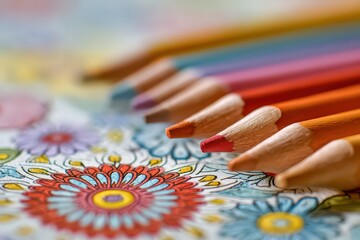 Macro Shot of Coloring Pencils on Floral Pattern Adult Coloring Book with Focus on Orange and Red Pencils