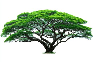 Lush Green Spreading Tree with Dark Branches Isolated on White Background Nature Landscape Wide Canopy in Detailed Illustration and Bright Lighting Style