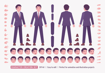 Stylish asian businessman in formal suit DIY character creation set, body figure parts. Elegant business look, male head, leg, hand gestures, different emotions, construction kit. Vector illustration