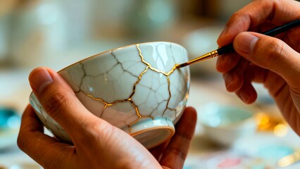 Delicate repair of a broken ceramic cup with gold lacquer and fine brushwork techniques.
