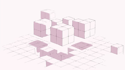 グリッド背景の等角投影の 3D 抽象立方体、ピンクの幾何学的構成要素、テクノロジーとデータ アーキテクチャの概念、デジタル ネットワーク デザイン