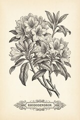 Elegant engraved rhododendron blooms showcasing vintage botanical artistry and detailed craftsmanship from a timeless collection