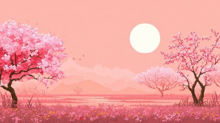 Pixel Art Landscape with Pink Cherry Blossom Trees Under a Full Moon in Pastel Pink Hues and Low Resolution Details Creating a Tranquil and Peaceful Scene