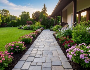 Obraz premium Beautifully Landscaped Garden with a Winding Stone Path Leading to a Charming Home