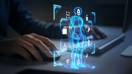 Business User Interacting with AI Human Hologram Interface