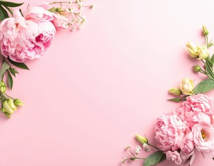 Naklejka premium Pink peony flowers with delicate buds frame a light background. Mother’s Day sale banner with soft pink background and delicate flowers on sides.