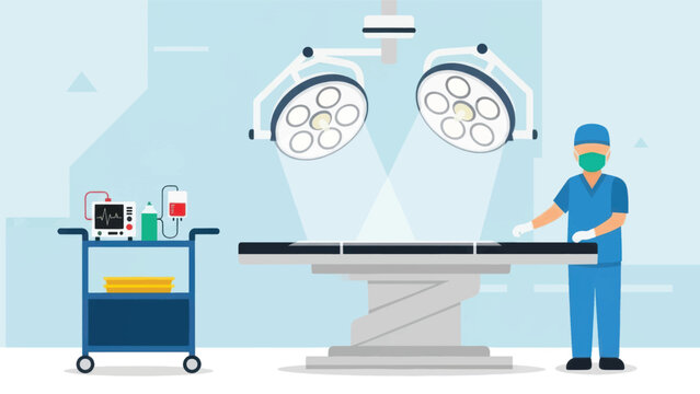 Surgeon and medical staff performing surgery in a modern operating room with overhead lights and medical equipment.