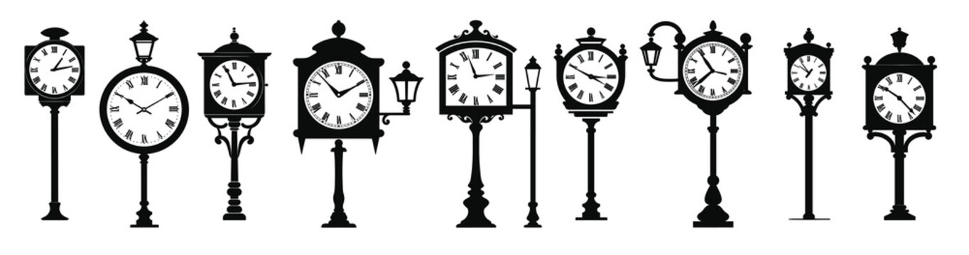 old street clock silhouette black vector bundle vintage 