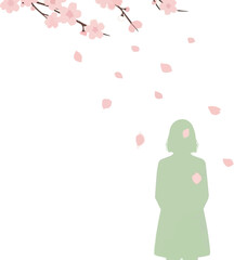桜の木の下に立つ女性のシルエット、散る桜の花びら、春の屋外の風景、穏やかな自然の背景