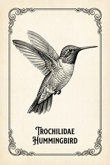 Fototapeta premium Elegant engraved hummingbird artwork showcasing vintage charm and intricate details in its graceful flight