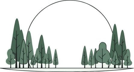 松の木、昇る太陽、円形の線画、自然の風景、抽象的な屋外イラストのあるミニマリストの森の風景