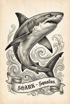 Engraved collection of a majestic shark soaring through swirling waves in exquisite detail