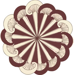 対称的なキノコ曼荼羅の放射状パターン、オーガニックフードのイラスト、自然からインスピレーションを得た円形デザイン、植物ベクターアート、装飾的な植物モチーフ