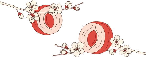 桜の枝と新鮮な日本の桃のスライス、夏のフルーツのベクターイラスト