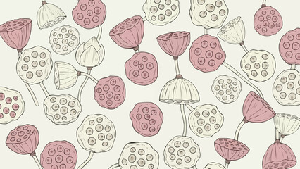 蓮の実の鞘の植物パターン、伝統的な禅の花のイラスト、ピンクと白のアジアの花の要素、ウェルネスとスパのグラフィックのための独立したデザイン