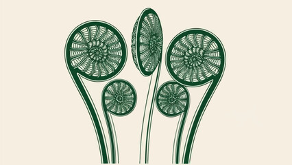 日本のシダ、コゴミの螺旋状の野菜のイラスト、山菜の森の植物、緑の春の植物のベクター