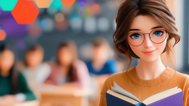 Young woman with glasses holding book in modern classroom setting