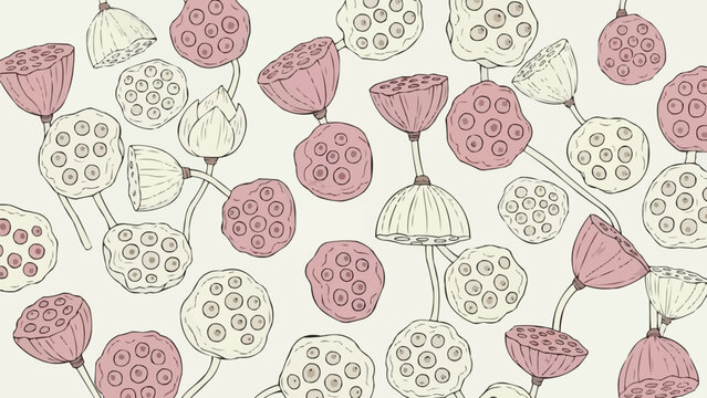 蓮の実の鞘の植物パターン、伝統的な禅の花のイラスト、ピンクと白のアジアの花の要素、ウェルネスとスパのグラフィックのための独立したデザイン