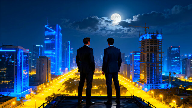 Two businessmen in dark suits standing on a rooftop observe the city skyline with construction cranes and blue-lit skyscrapers at night under a bright moon