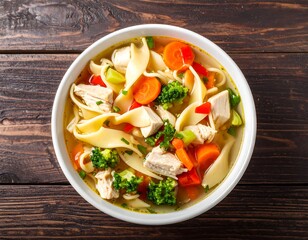 Hearty bowl of chicken noodle soup with vegetables on wooden table
