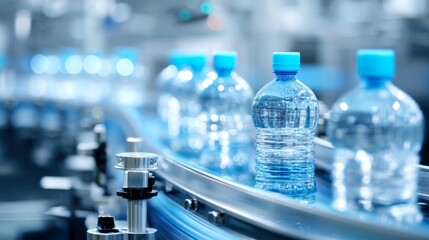 Automated Conveyor System at Beverage Bottling Plant with Water Bottles in Motion