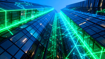 Modern glass office buildings with neon green network connections between them representing a connected business hub