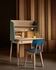 Neatly Arranged Childrens Study Desk with Books and Lamp in Modern Setting