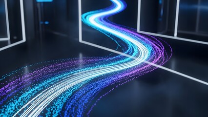 Futuristic digital data flow in a dark abstract environment with glowing blue and purple light trails and energetic particles