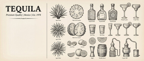 Engraved tequila collection showcasing vintage bottles, agave plants, and unique glassware designs