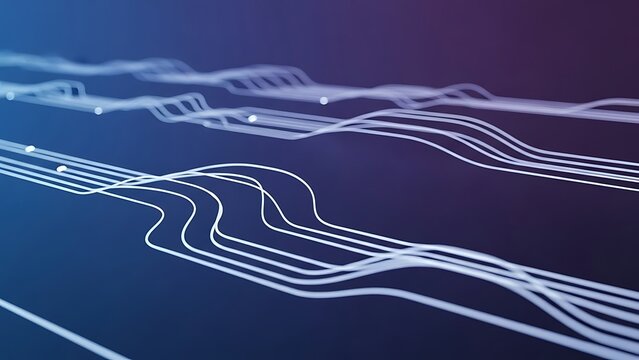 Parallel staggered wavy light lines with data nodes in perspective representing server farms, parallel processing and cloud computing infrastructure