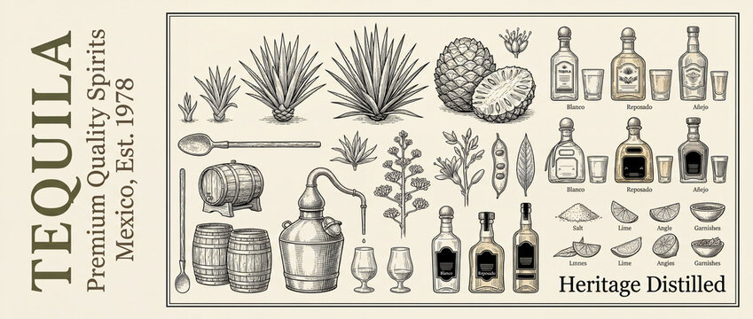 Engraved artistic collection of premium tequila bottles and elements from Mexico's heritage since 1978