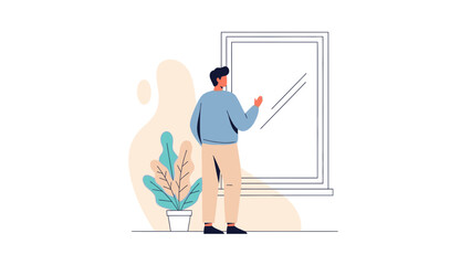 Modern illustration of a man standing by a window with a potted plant in a contemporary indoor