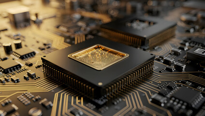 High performance microprocessor chip on modern motherboard with golden circuitry, representing advanced semiconductor engineering, reliable data processing and next generation computing technology