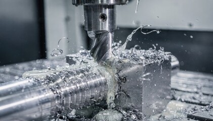Medium shot of CNC thread mill cutting precise threads into a steel block with coolant fluid enhancing tool life and cooling the workpiece.