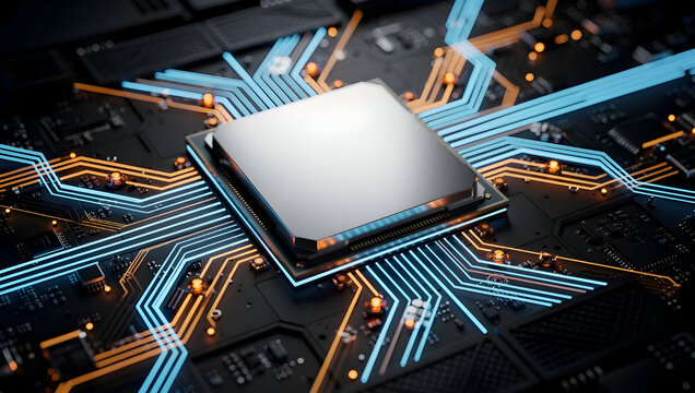 Advanced processor chip on high tech circuit board with glowing connections, illustrating modern semiconductor engineering, high speed data processing and next generation computing technology - Powered by Adobe