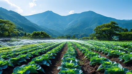 Vibrant Rural Landscape Showcasing Sustainable Agriculture and Watering Infrastructure