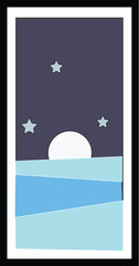 A blue nature landscape illustration of the moon over the sea featuring a summer sky with stars and clouds framed in a window design for a holiday card or home decoration art banner