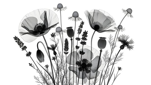X-ray of a Wildflower Bouquet with Poppies and Lavender.