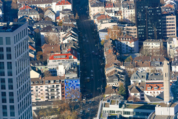 Aerial view from viewing platform of Main Tower platform with skyline and cityscape on a sunny autumn day. Photo taken November 22nd, 2025, Frankfurt am Main, Germany.