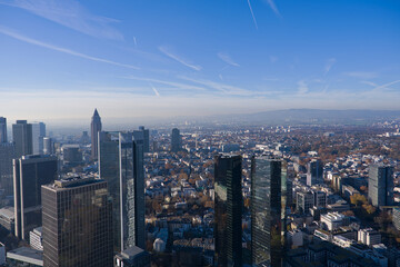 Aerial view from viewing platform of Main Tower platform with skyline and blue sky background on a sunny autumn day. Photo taken November 22nd, 2025, Frankfurt am Main, Germany.