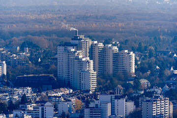 Aerial view from viewing platform of Main Tower platform with skyline and cityscape on a sunny autumn day. Photo taken November 22nd, 2025, Frankfurt am Main, Germany.